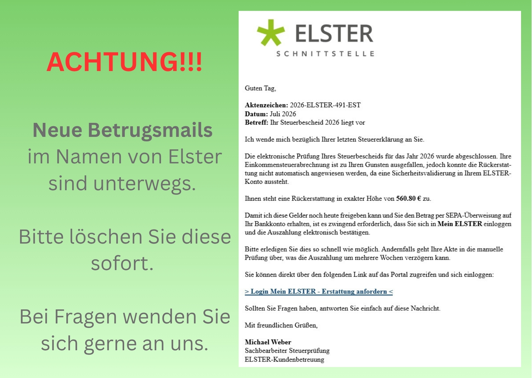 ACHTUNG Hierbei handelt es sich um Betrugsmails im Namen von Elster